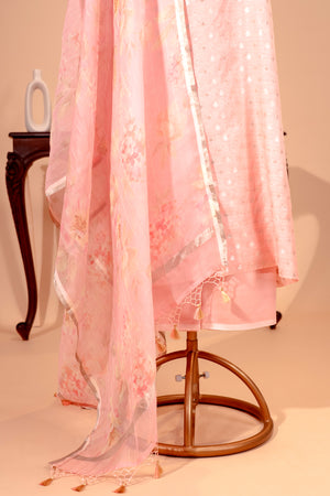 Blush Pink Pure Chanderi Unstitched Suit Set with Printed Organza Dupatta by Label Tamanna