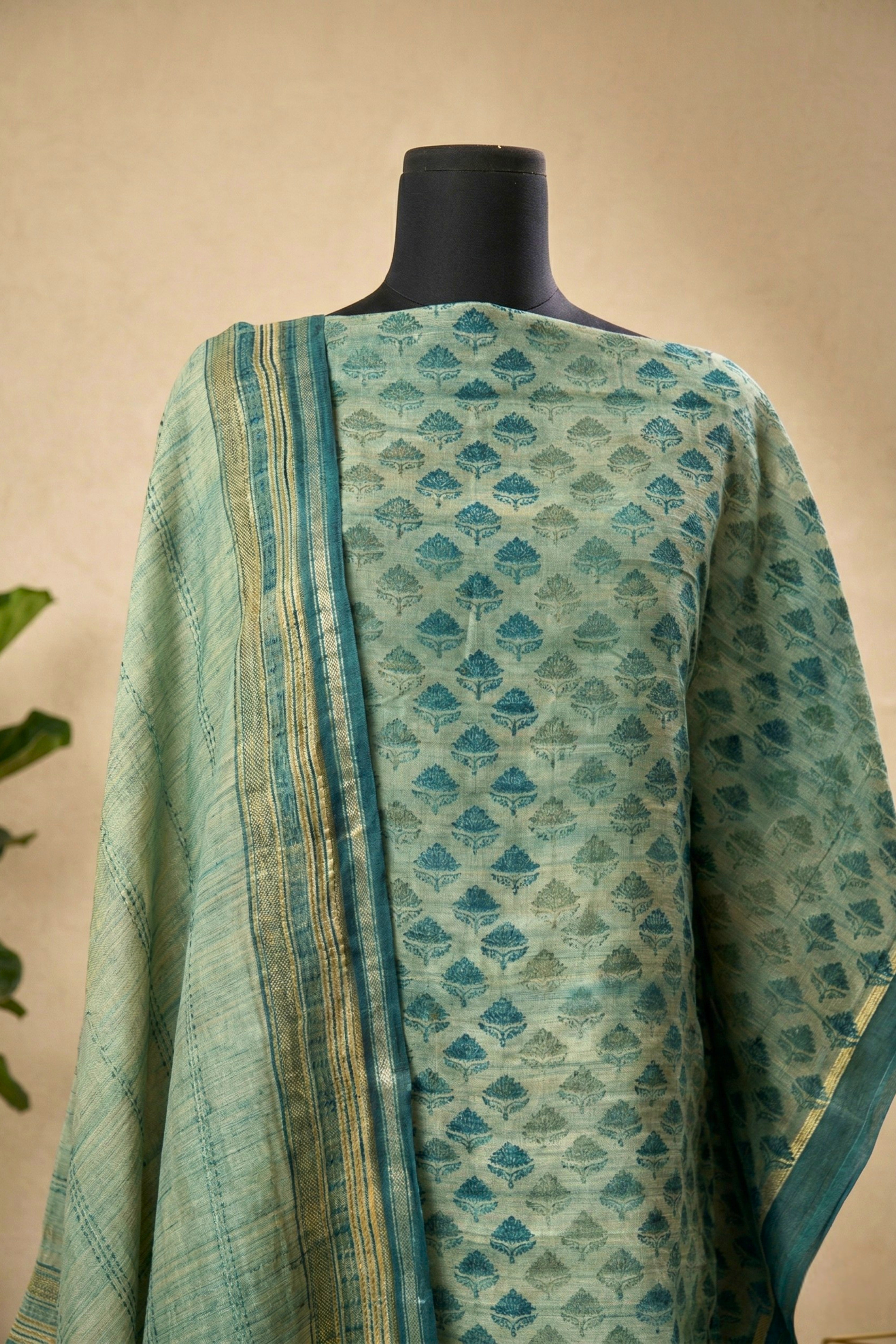Teal & Sea Green Motif Cotton Unstitched Suit Set with Kantha Dupatta