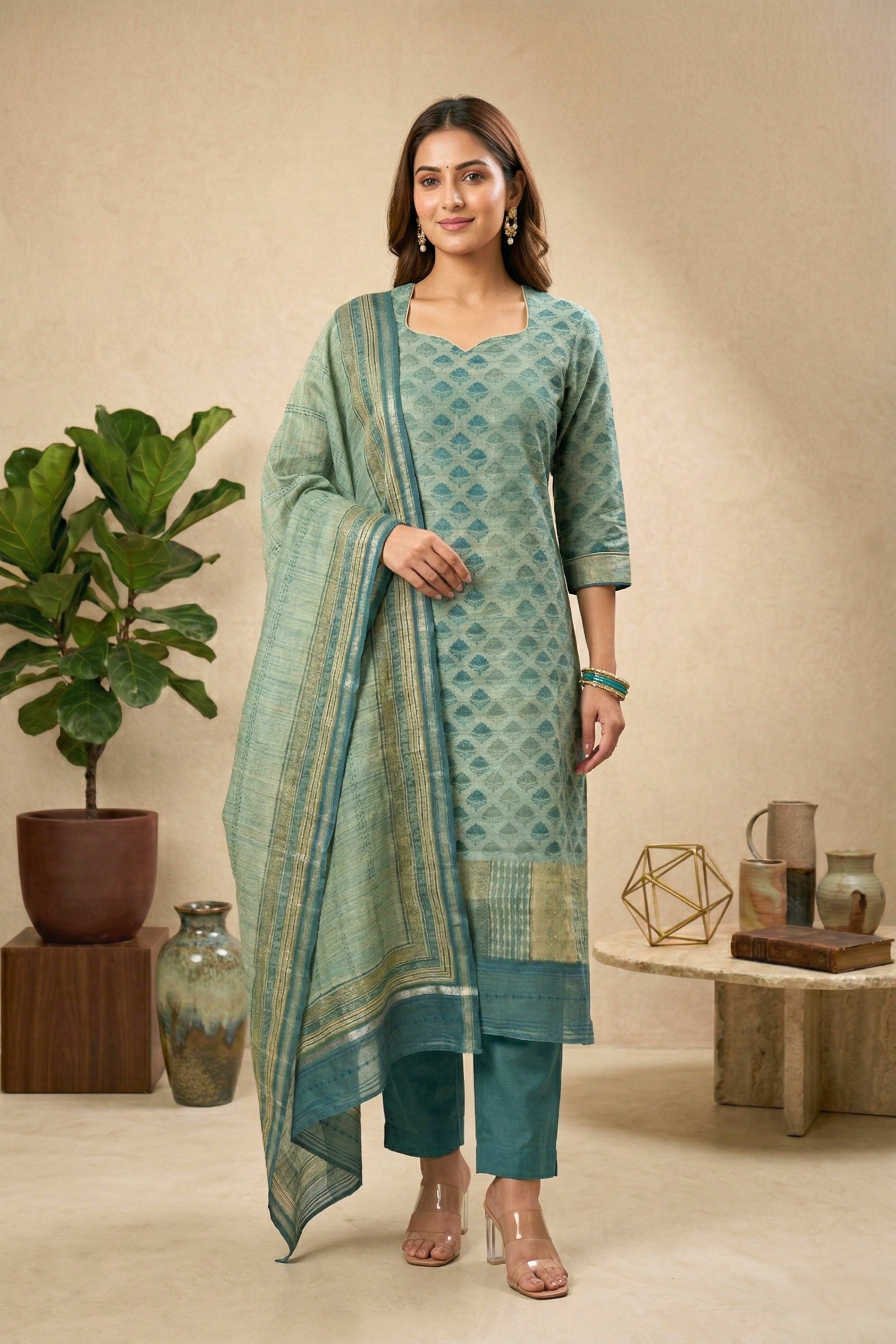 Teal & Sea Green Motif Cotton Unstitched Suit Set with Kantha Dupatta