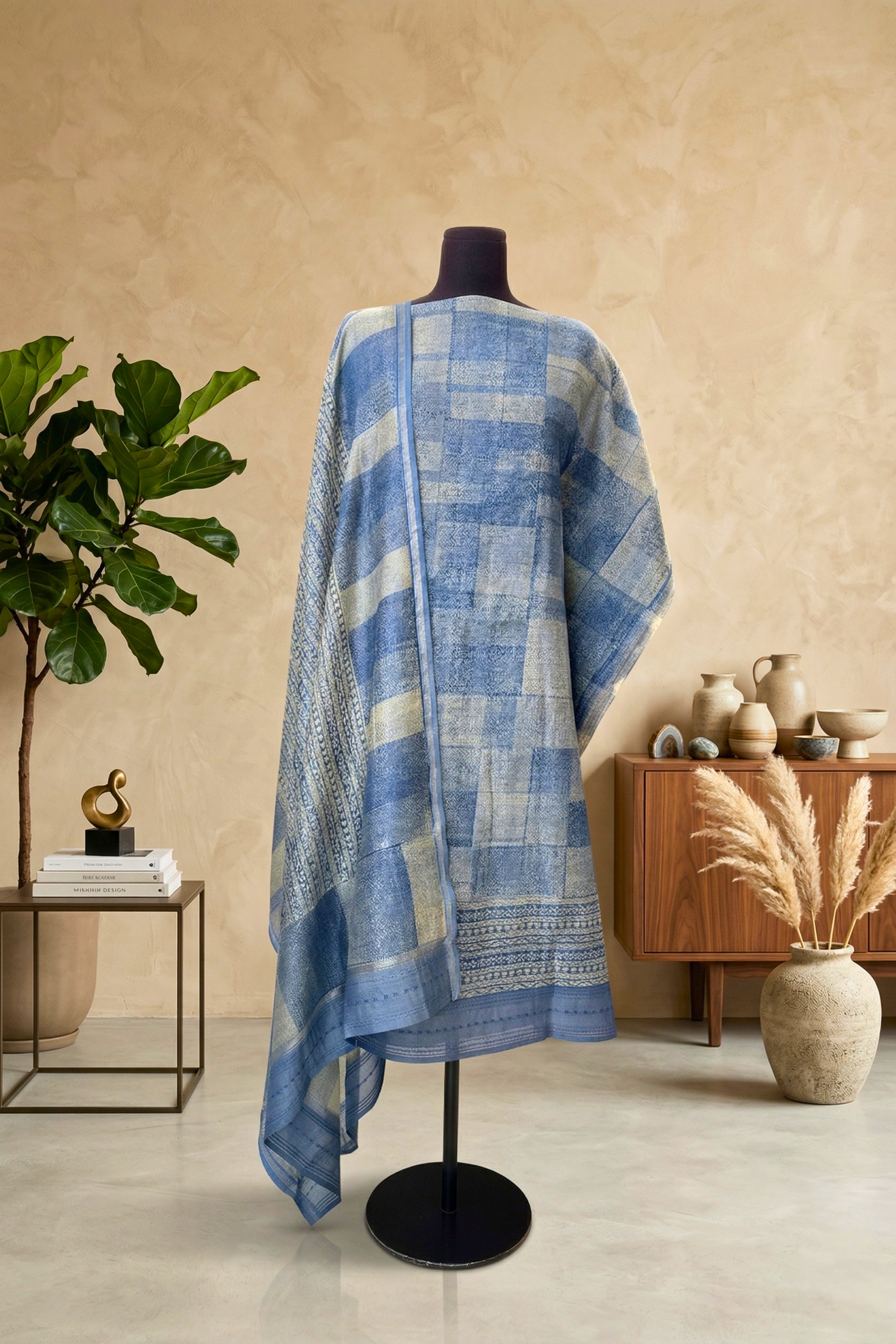 Dusty Indigo Geometric Print Cotton Unstitched Suit Set with Kantha Dupatta