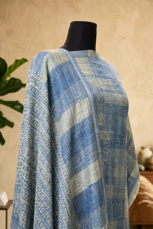 Dusty Indigo Geometric Print Cotton Unstitched Suit Set with Kantha Dupatta