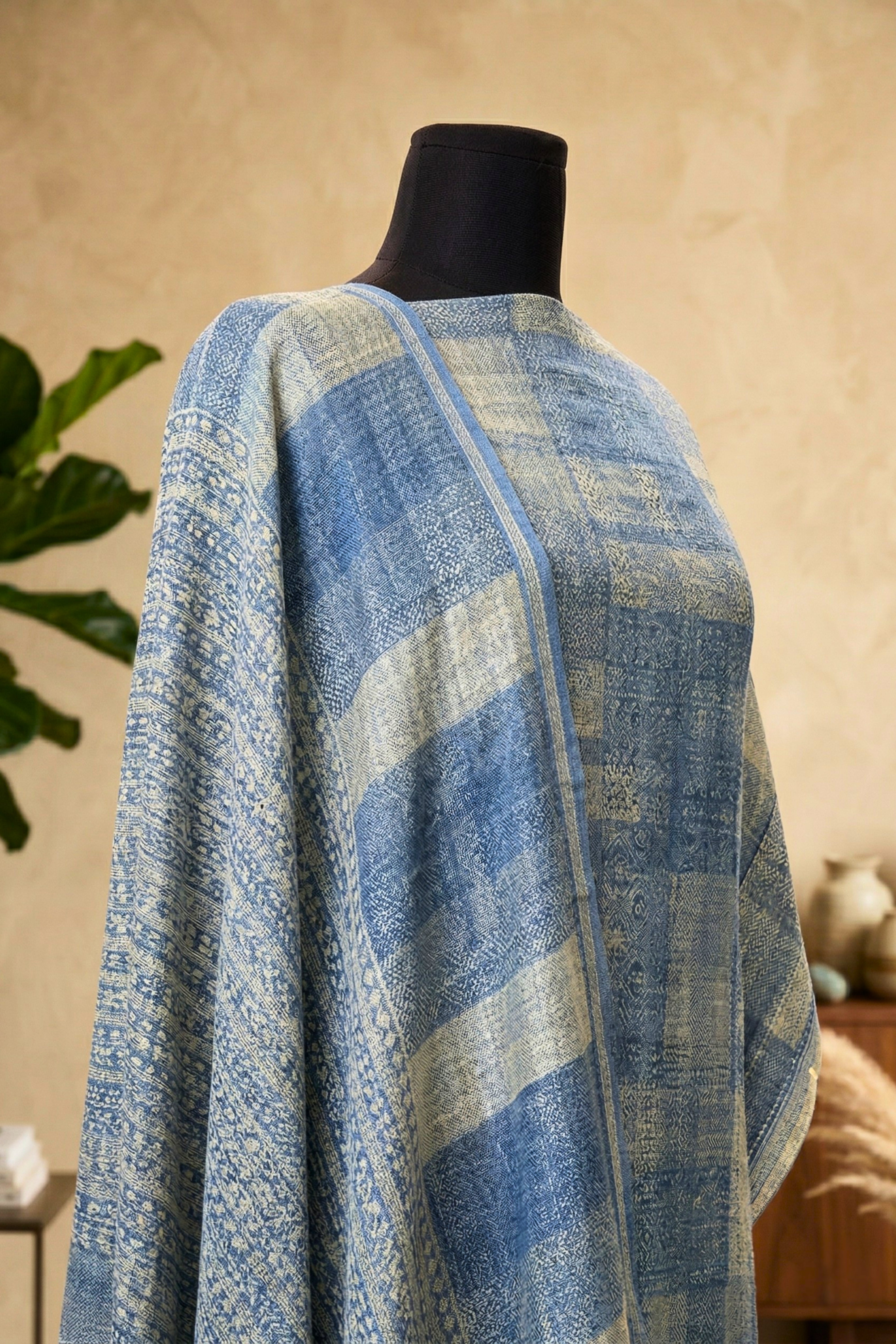 Dusty Indigo Geometric Print Cotton Unstitched Suit Set with Kantha Dupatta