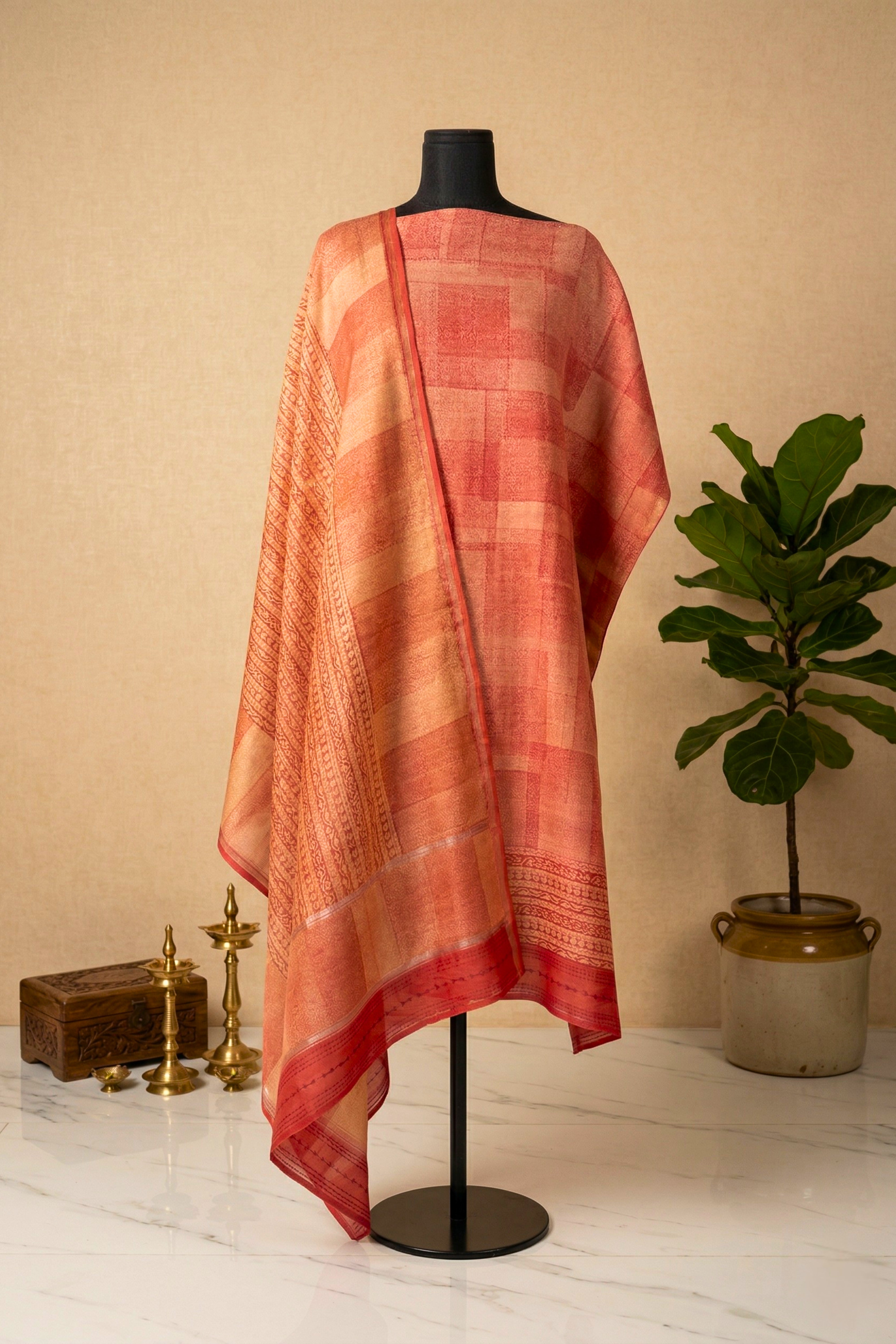 Terracotta Geometric Print Cotton Unstitched Suit Set with Kantha Dupatta