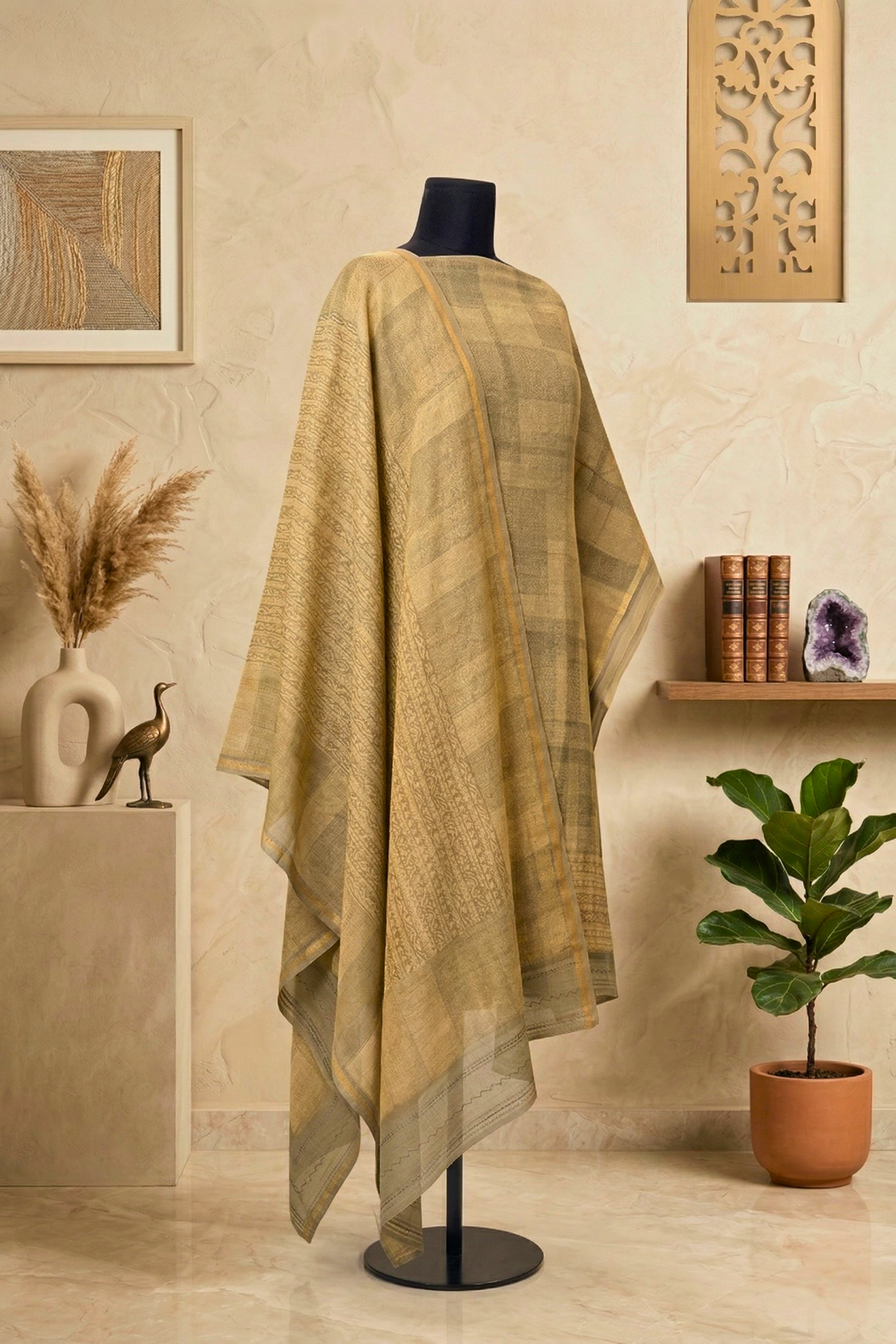 Olive & Khaki Abstract Geometric Cotton Unstitched Suit Set with Kantha Dupatta