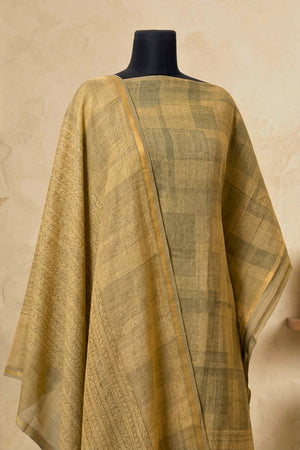 Olive & Khaki Abstract Geometric Cotton Unstitched Suit Set with Kantha Dupatta