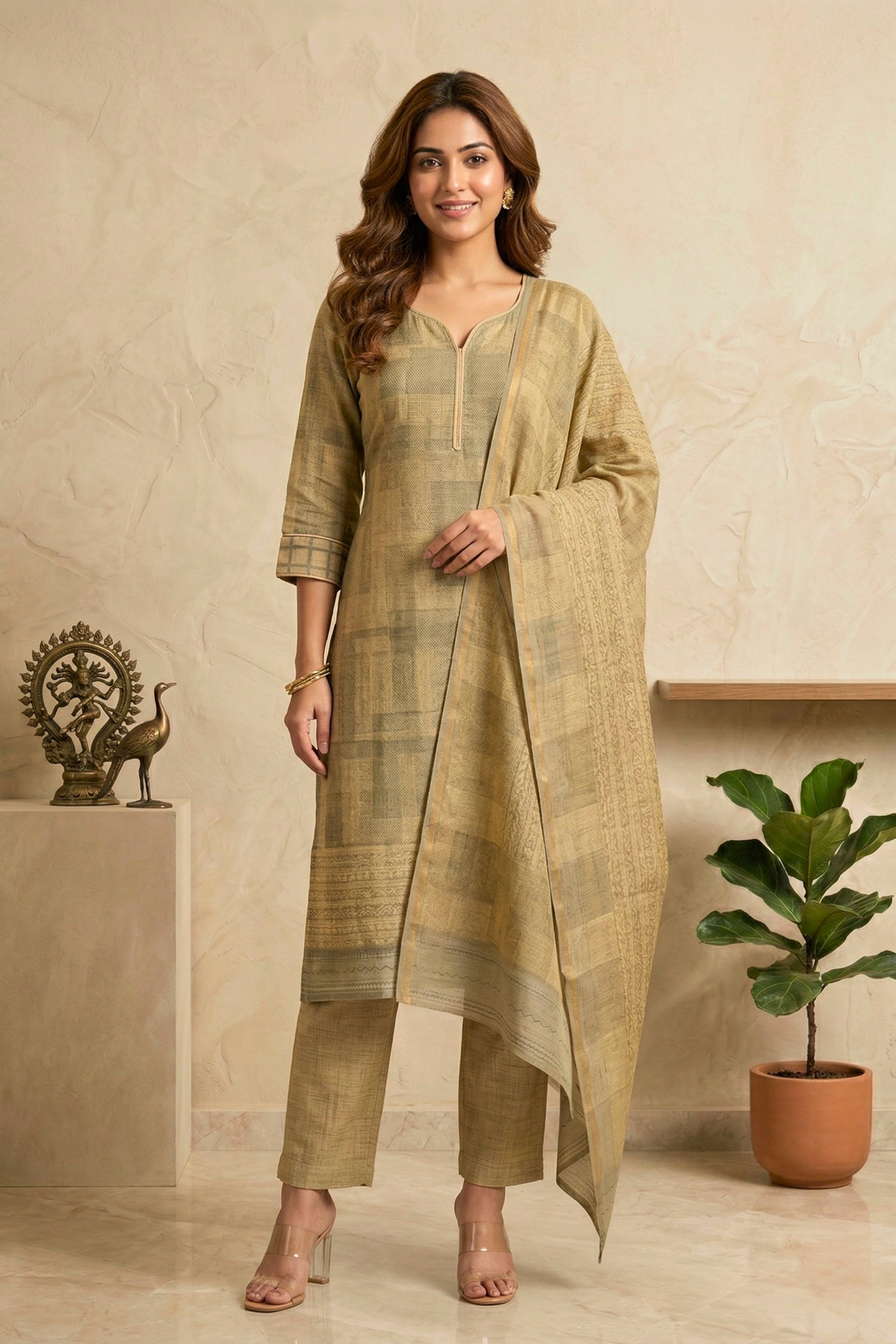 Olive & Khaki Abstract Geometric Cotton Unstitched Suit Set with Kantha Dupatta