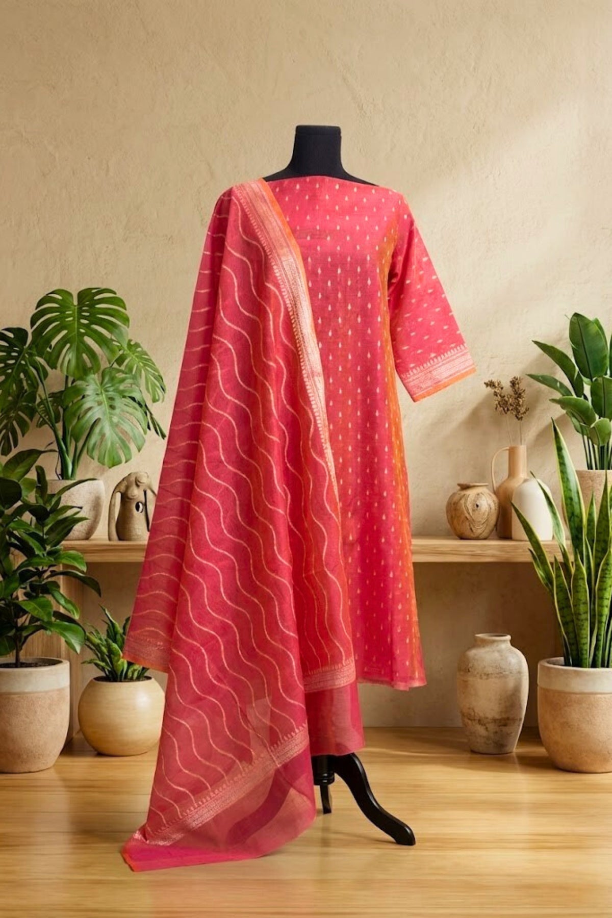 Coral Pink Cotton Chanderi Unstitched Suit Set with Leheriya Dupatta