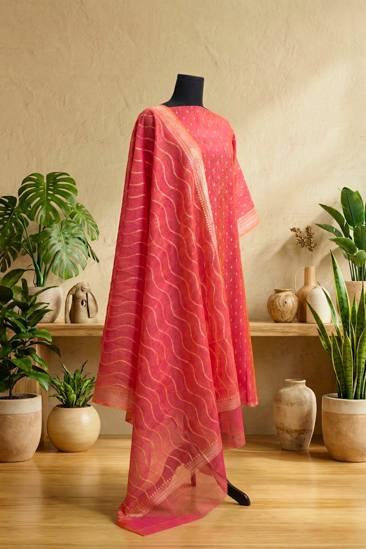 Coral Pink Cotton Chanderi Unstitched Suit Set with Leheriya Dupatta