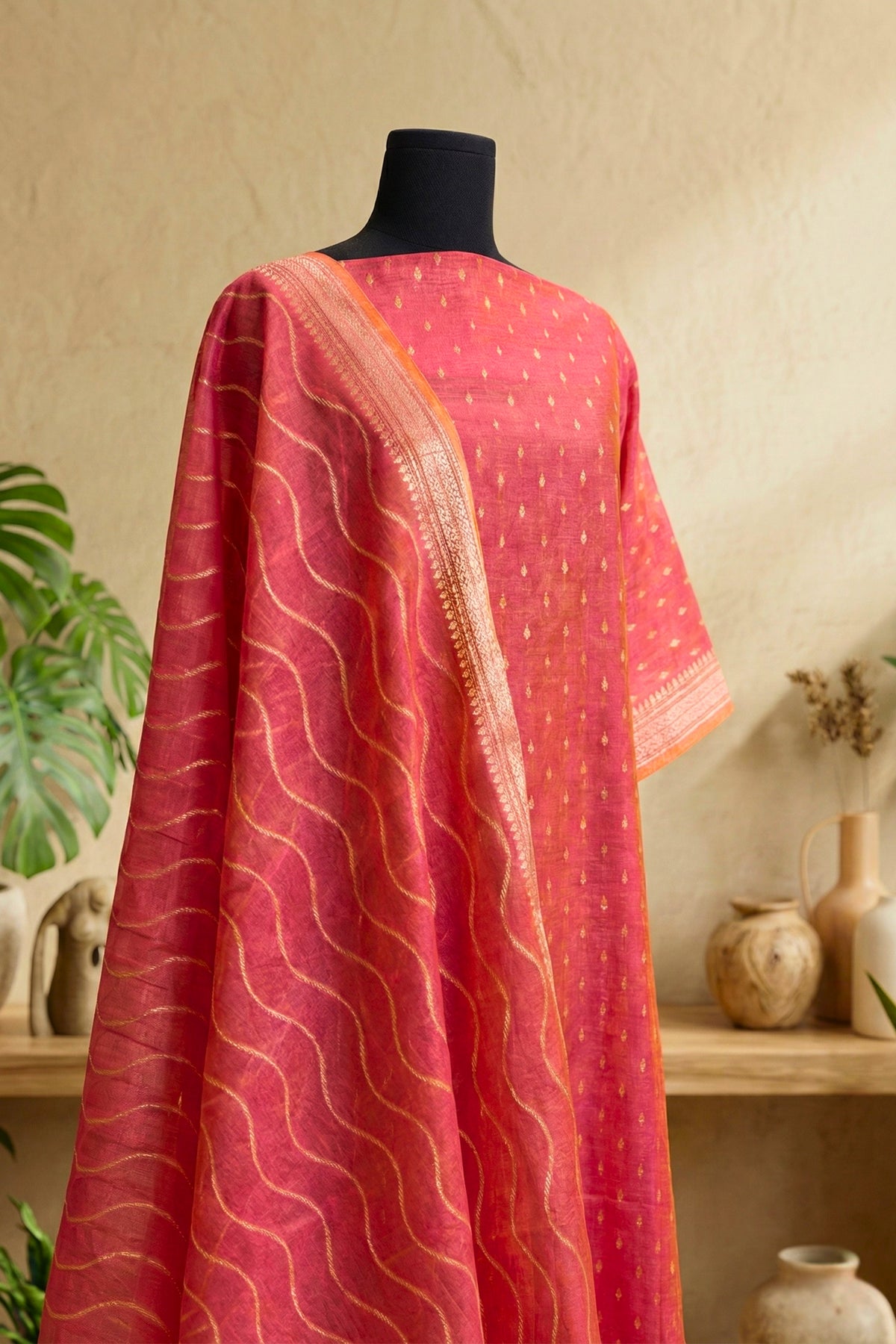 Coral Pink Cotton Chanderi Unstitched Suit Set with Leheriya Dupatta