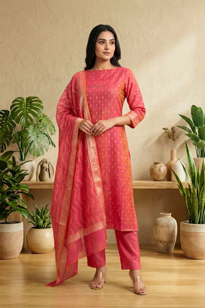 Coral Pink Cotton Chanderi Unstitched Suit Set with Leheriya Dupatta
