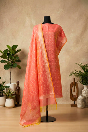 Peach Cotton Chanderi Unstitched Suit Set with Leheriya Zari Dupatta