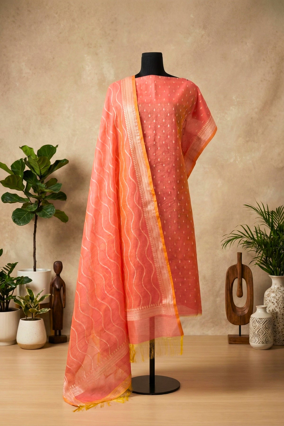 Peach Cotton Chanderi Unstitched Suit Set with Leheriya Zari Dupatta