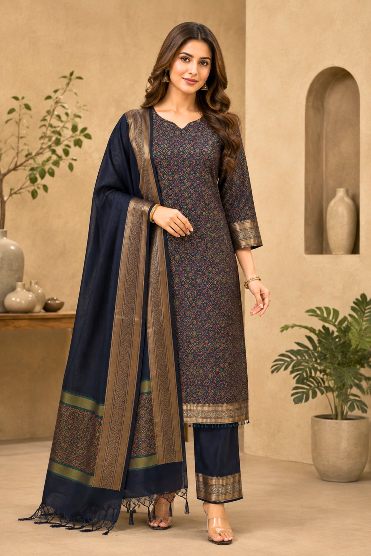 Navy Blue Tanchoi Silk Unstitched Suit Set by Label Tamanna