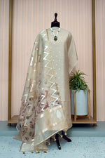 Champagne Beige Moonga Silk Unstitched Suit Set with Chevron Floral Organza Dupatta by Label Tamanna