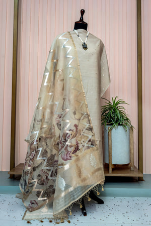 Champagne Beige Moonga Silk Unstitched Suit Set with Chevron Floral Organza Dupatta by Label Tamanna