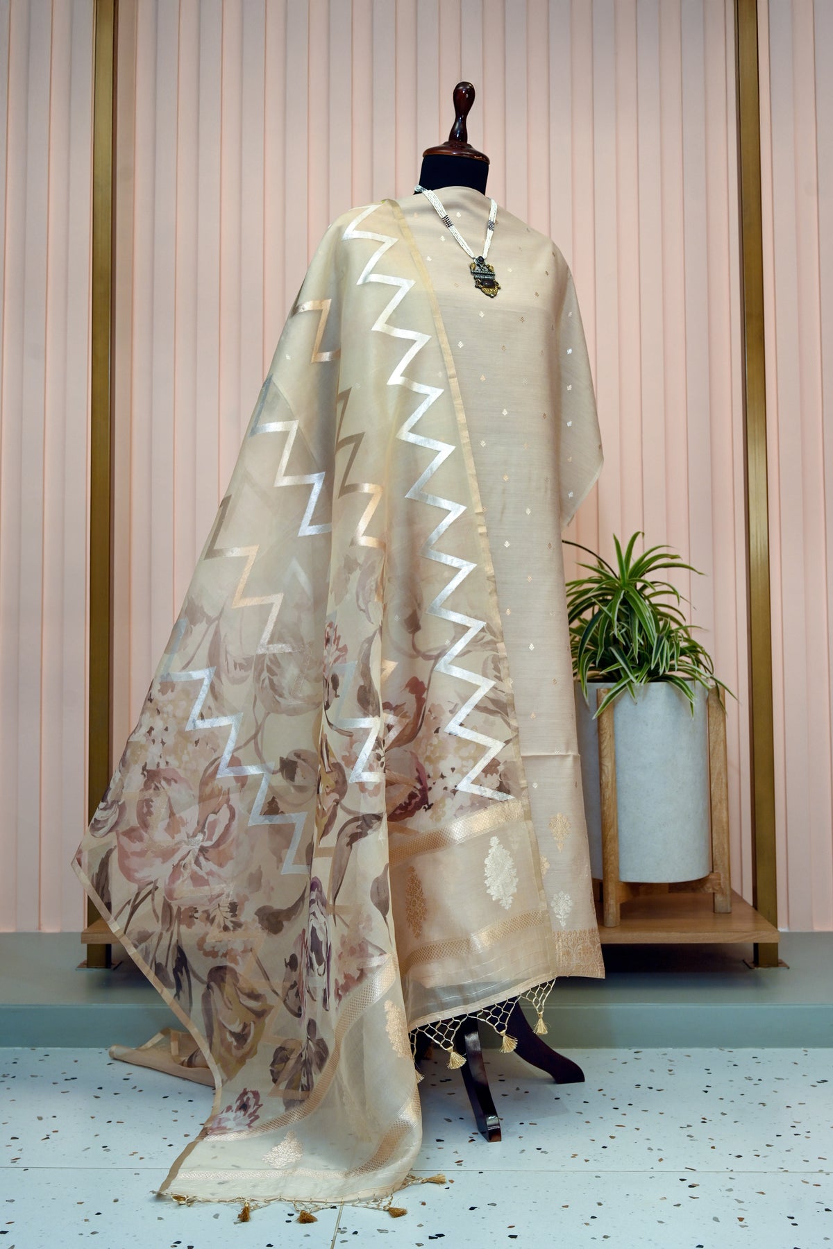 Champagne Beige Moonga Silk Unstitched Suit Set with Chevron Floral Organza Dupatta by Label Tamanna