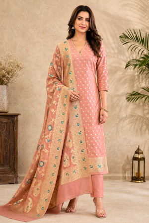 Blush Peach Banarasi Georgette Unstitched Suit Set with Jaal Dupatta by Label Tamanna
