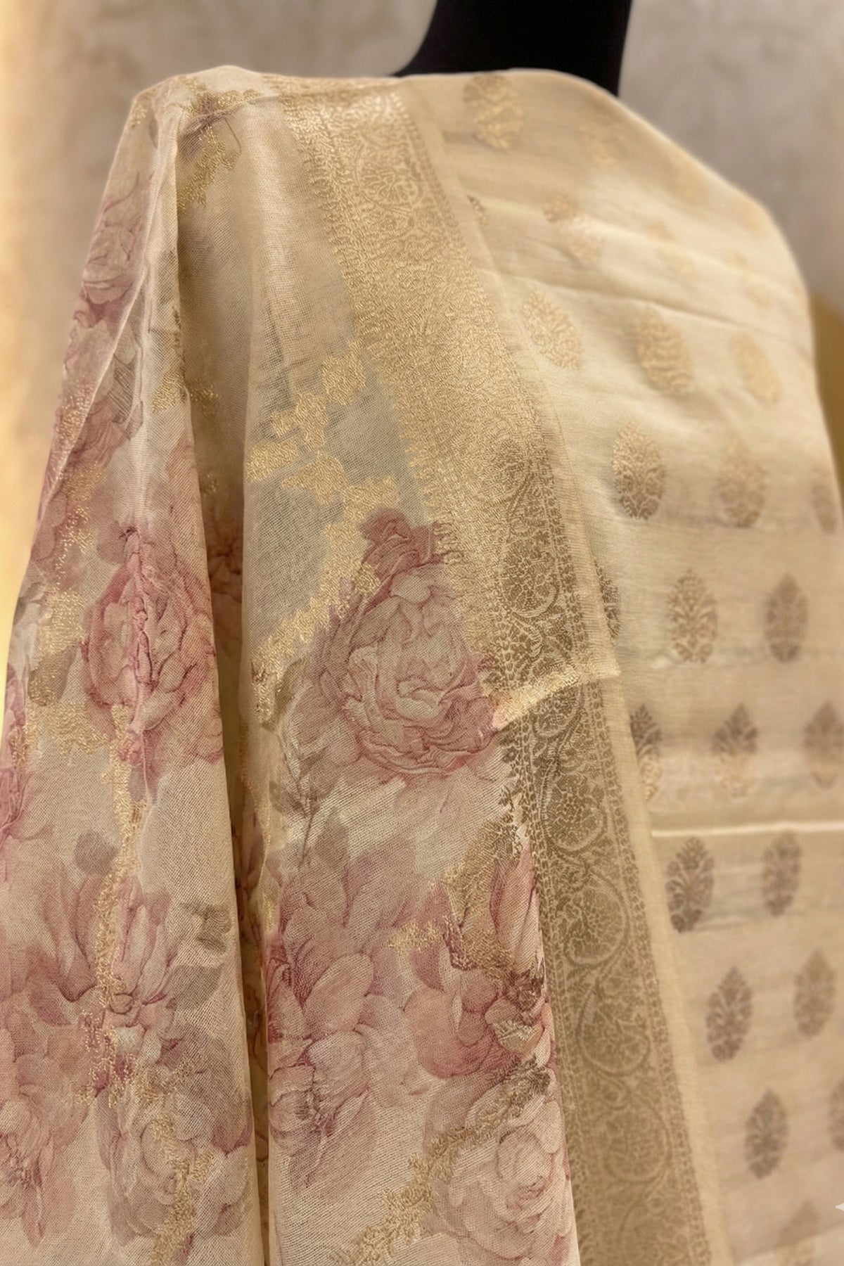Cream & Gold Chanderi Unstitched Suit Set with Floral Printed Dupatta by Label Tamanna