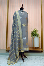 Grey Banarasi Chiffon Zari Weave Unstitched Suit Set by Label Tamanna