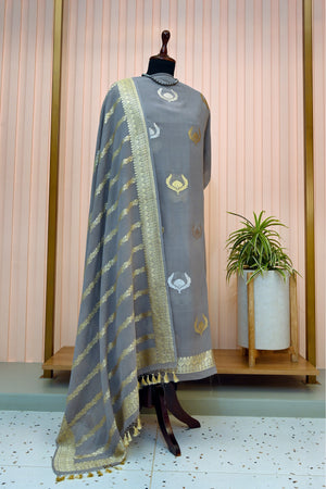 Grey Banarasi Chiffon Zari Weave Unstitched Suit Set by Label Tamanna