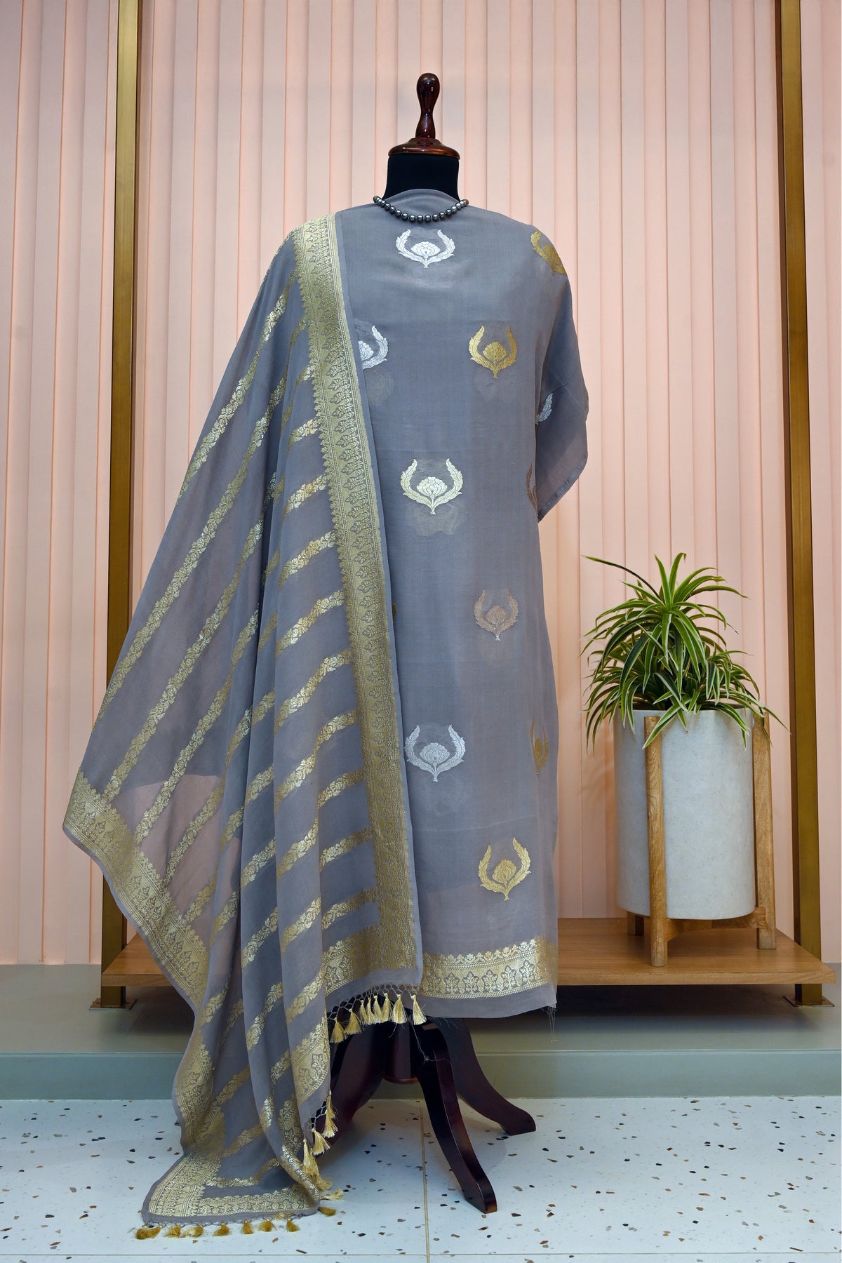 Grey Banarasi Chiffon Zari Weave Unstitched Suit Set by Label Tamanna