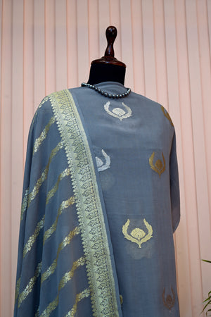 Grey Banarasi Chiffon Zari Weave Unstitched Suit Set by Label Tamanna