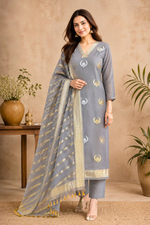 Grey Banarasi Chiffon Zari Weave Unstitched Suit Set by Label Tamanna