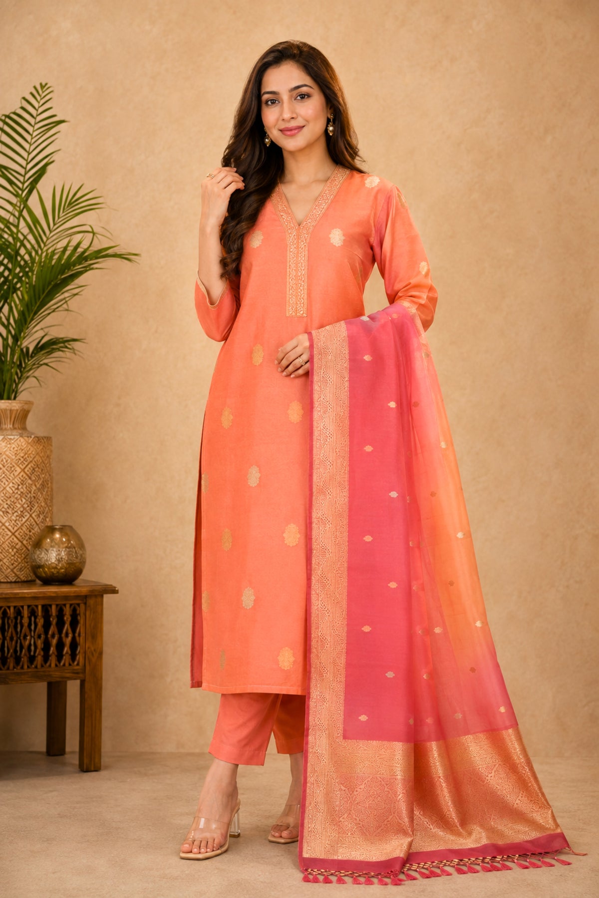 Peach and Pink Ombré Organza Unstitched Suit Set with Zari Dupatta by Label Tamanna