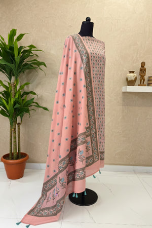 Pastel Pink Cotton Chanderi Unstitched Suit Set with Printed Dupatta