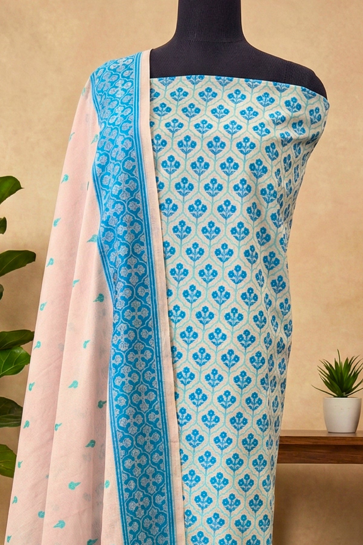 Ice Blue and Blush Pink Cotton Chanderi Unstitched Suit Set