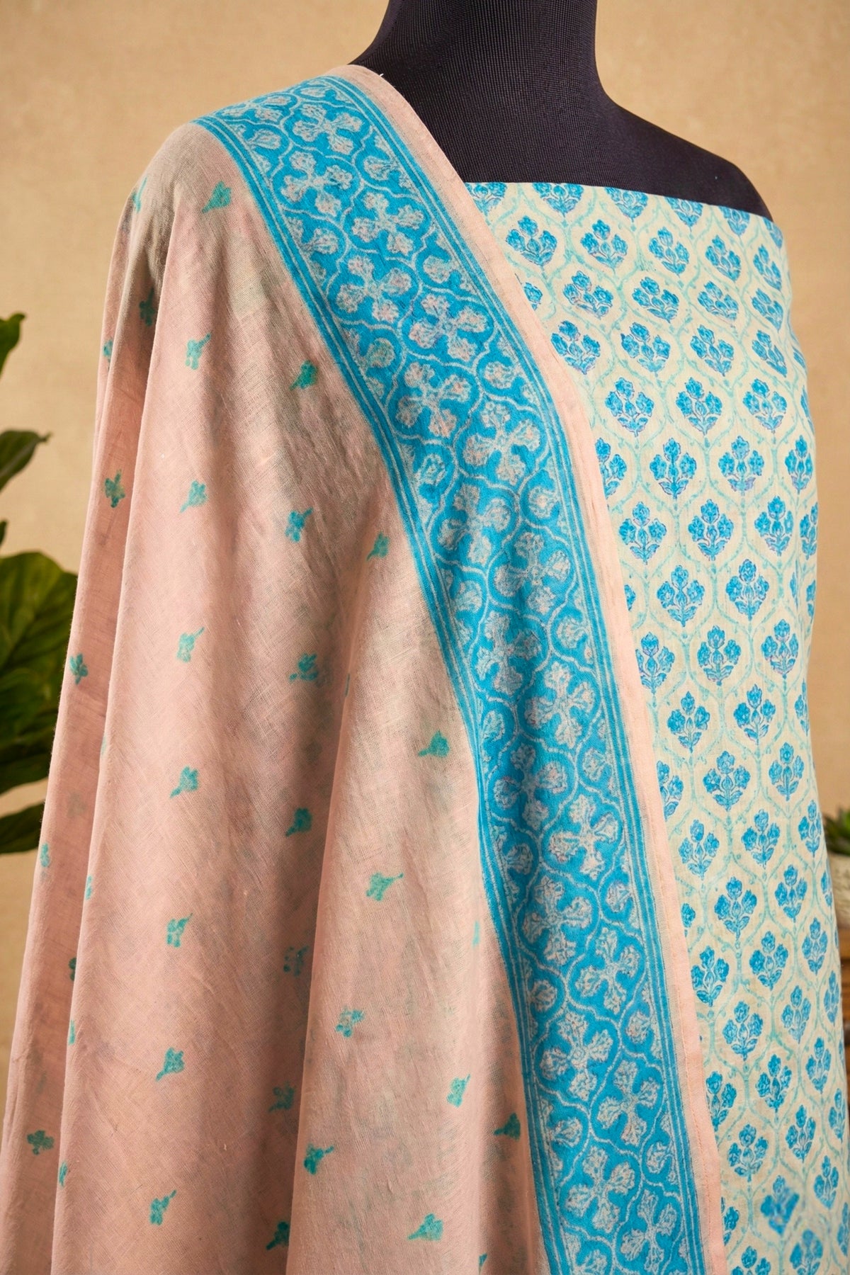 Ice Blue and Blush Pink Cotton Chanderi Unstitched Suit Set