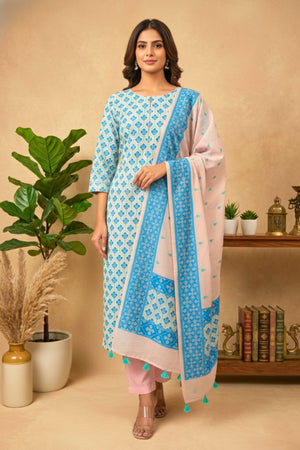 Ice Blue and Blush Pink Cotton Chanderi Unstitched Suit Set