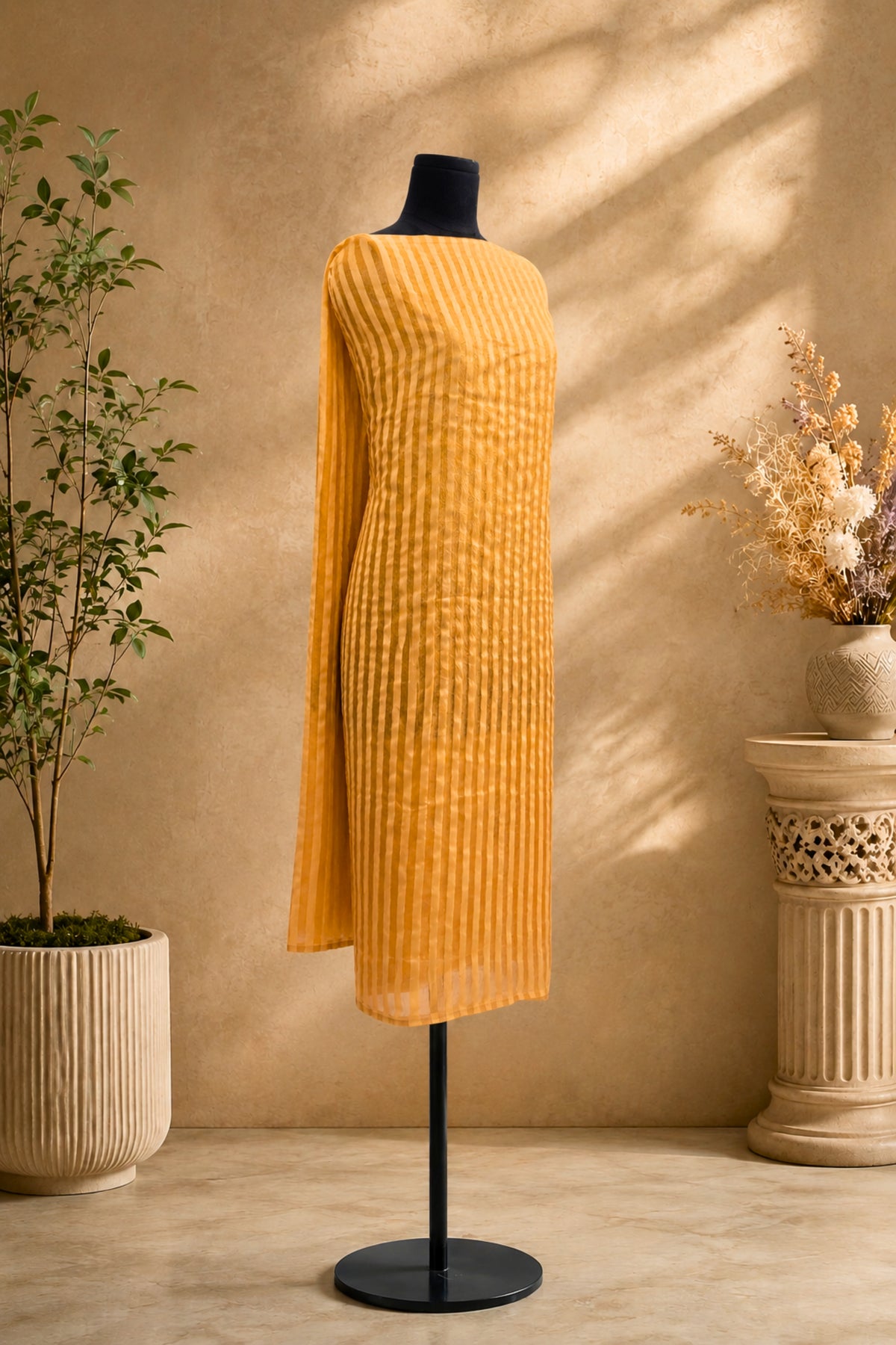 Mustard Yellow Striped Chanderi Unstitched Suit Material by Label Tamanna