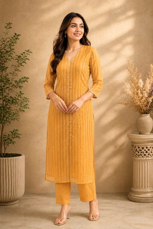 Mustard Yellow Striped Chanderi Unstitched Suit Material by Label Tamanna