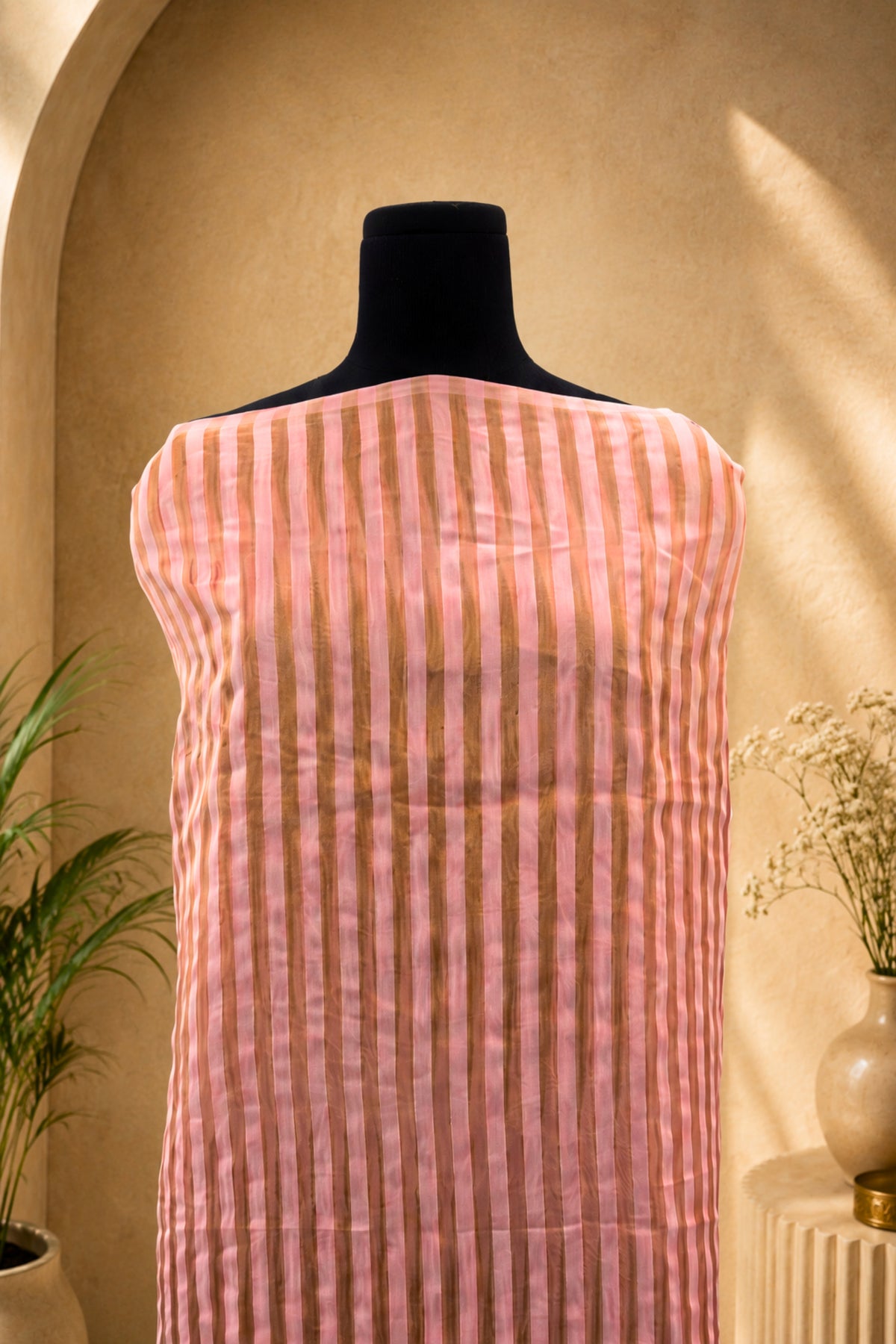 Soft Pink Striped Chanderi Unstitched Suit Material by Label Tamanna