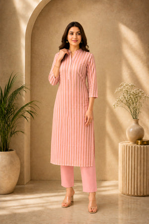 Soft Pink Striped Chanderi Unstitched Suit Material by Label Tamanna