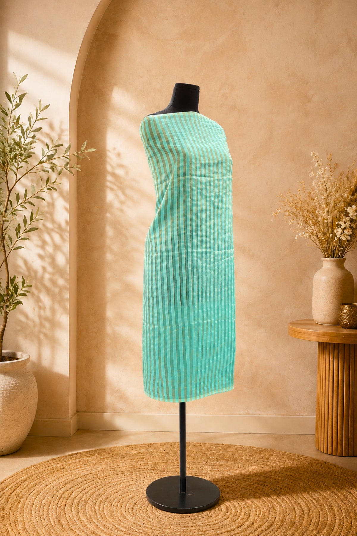 Mint Green Striped Chanderi Unstitched Suit Material by Label Tamanna