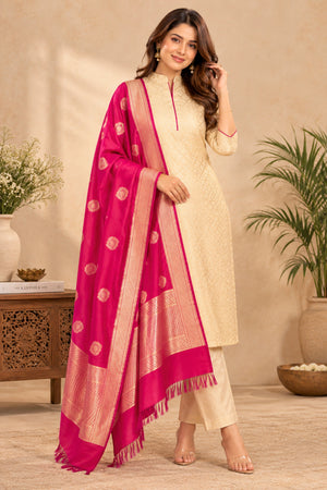 Cream Bandhani Georgette Unstitched Suit Set with Magenta Banarasi Silk Dupatta by Label Tamanna