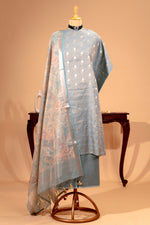 Dusty Blue Pure Chanderi Tissue Unstitched Suit Set by Label Tamanna