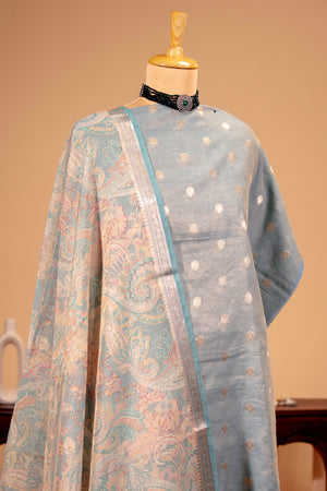 Dusty Blue Pure Chanderi Tissue Unstitched Suit Set by Label Tamanna