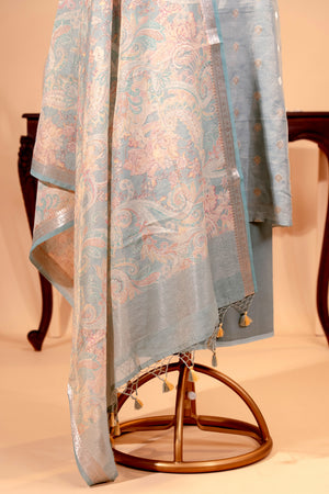 Dusty Blue Pure Chanderi Tissue Unstitched Suit Set by Label Tamanna