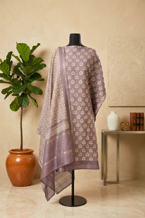Dusty Mauve Botanical Handloom Cotton Chanderi Unstitched Suit Set