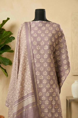 Dusty Mauve Botanical Handloom Cotton Chanderi Unstitched Suit Set