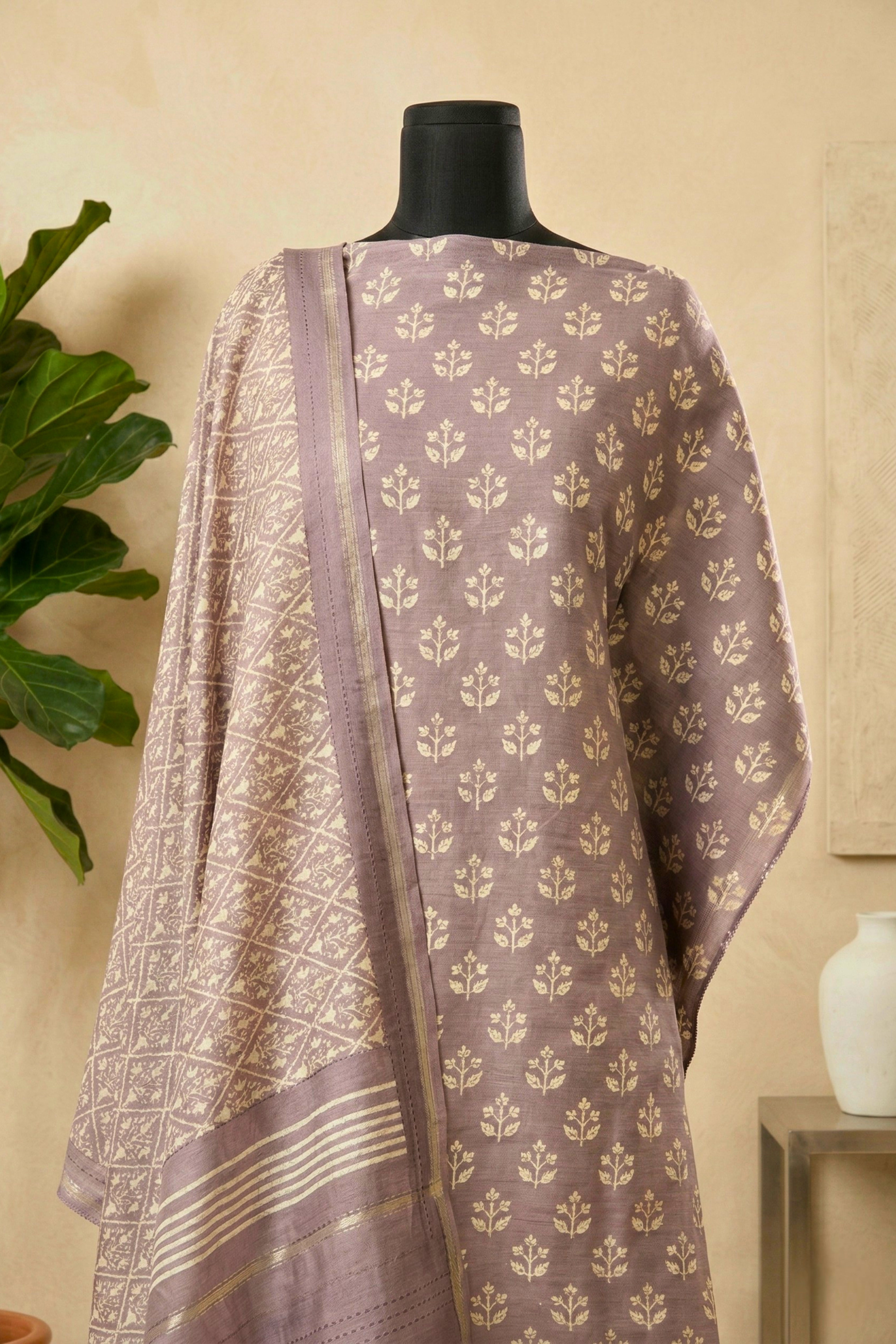 Dusty Mauve Botanical Handloom Cotton Chanderi Unstitched Suit Set
