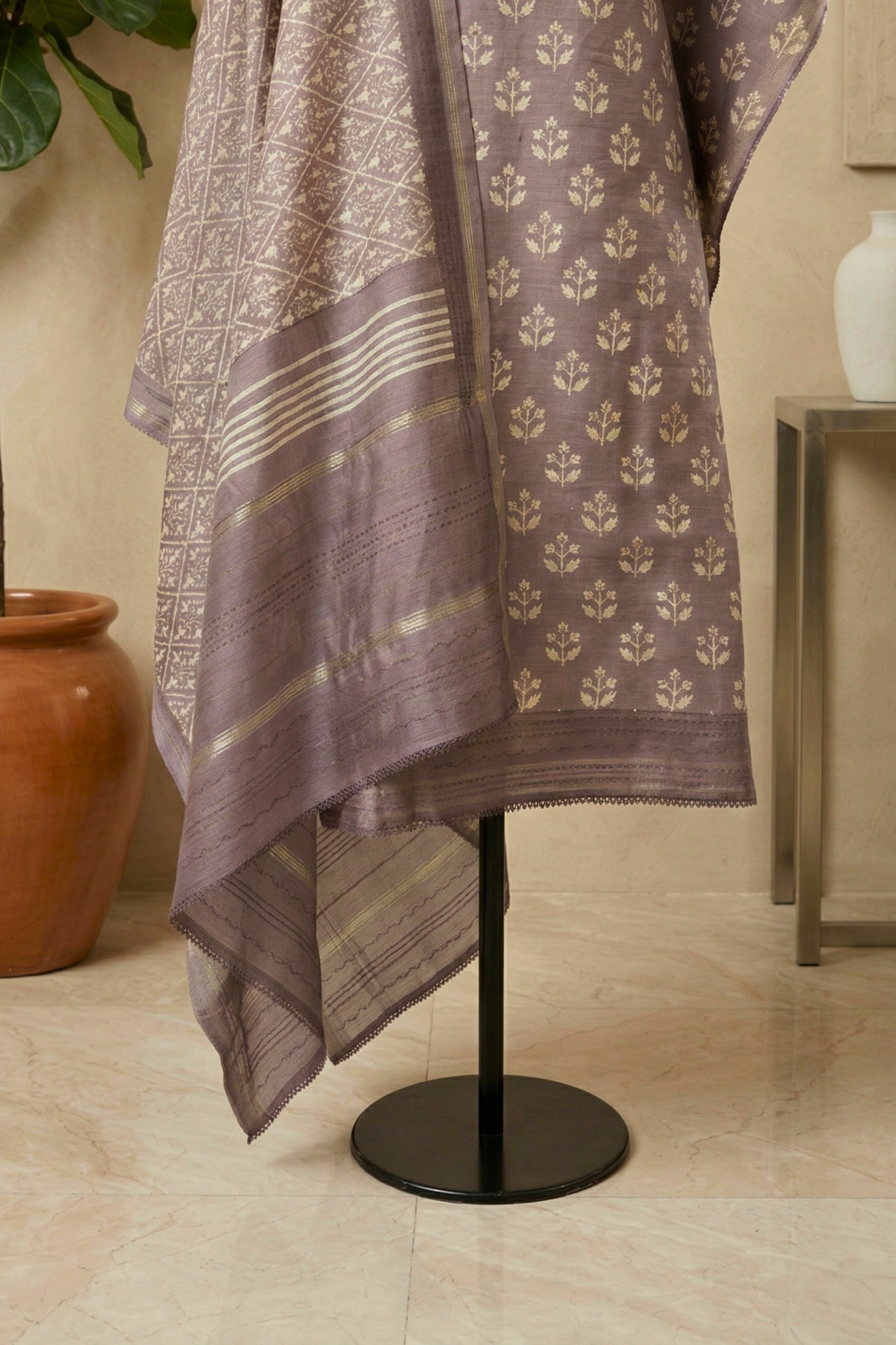 Dusty Mauve Botanical Handloom Cotton Chanderi Unstitched Suit Set