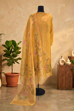 Golden Yellow Hand-Painted Floral Organza Unstitched Suit Set by Label Tamanna