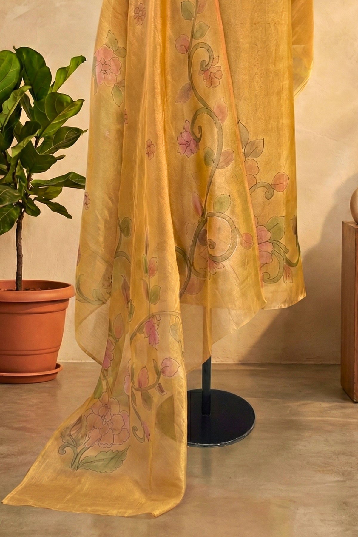 Golden Yellow Hand-Painted Floral Organza Unstitched Suit Set by Label Tamanna