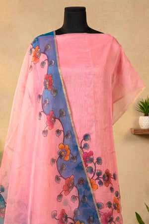 Pastel Pink Hand-Painted Kalamkari Organza Unstitched Suit Set by Label Tamanna