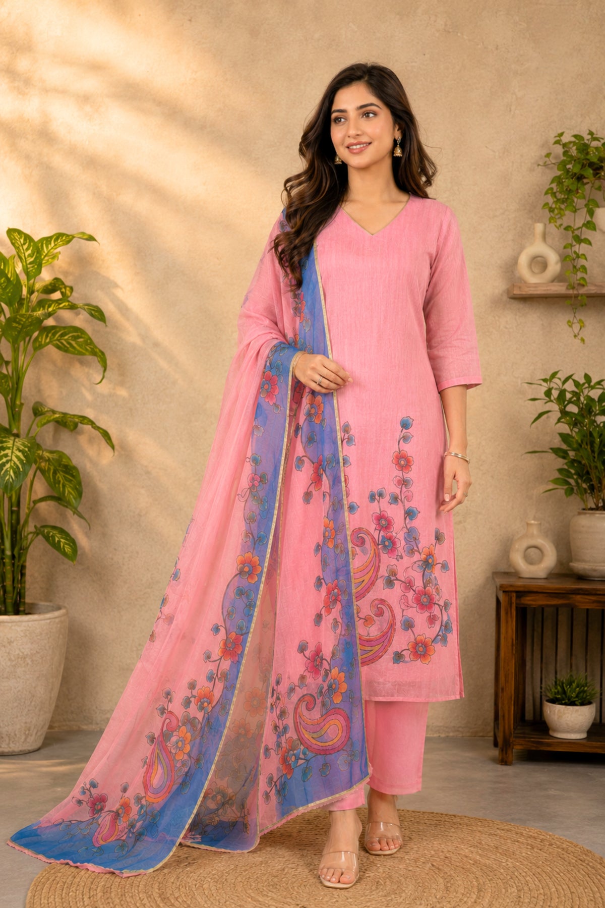 Pastel Pink Hand-Painted Kalamkari Organza Unstitched Suit Set by Label Tamanna