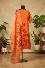 Sunset Orange Hand-Painted Floral Organza Unstitched Suit Set by Label Tamanna